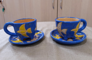 Чашка с блюдцем синяя керамическая "Птицы"